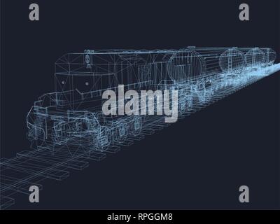 Train sur rails avec des chars. Former des lignes de fer bleu sur un fond sombre. Train Polygonal avec réservoirs à carburant en isométrique. 3D. Vector illustration. Illustration de Vecteur