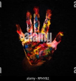 Abstract digital peinture à l'huile d'une main ouverte couverts dans la peinture sur toile plein de texture et couleur vive Banque D'Images