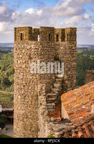 Tour du château médiéval en pierre close up avec paysage et ciel bleu. Banque D'Images