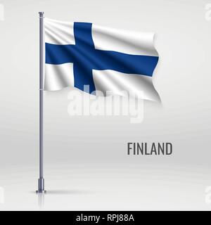 Waving Flag de la Finlande au mât. Modèle pour la conception de l'affiche de la fête de l'indépendance Illustration de Vecteur