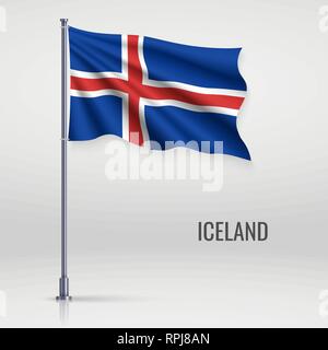 Waving Flag de l'Islande le mât. Modèle pour la conception de l'affiche de la fête de l'indépendance Illustration de Vecteur