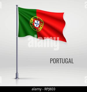 Waving Flag du Portugal au mât. Modèle pour la conception de l'affiche de la fête de l'indépendance Illustration de Vecteur