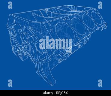 Croquis du bloc moteur. Le rendu 3D de vecteur Illustration de Vecteur