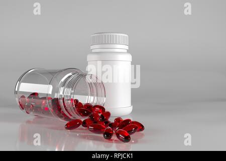 Pills spilling out de bouteille de pilules sur fond blanc 3d illustration Banque D'Images