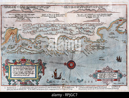 Plus strekningen Waghenaers sjøkart Stavanger - Bergen - Cartographer Lucas Janszoon Waghenaer 1588 Banque D'Images