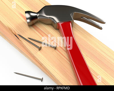 Marteau, clous et de planches en bois sur fond blanc, isolé. Le rendu 3D Banque D'Images