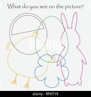 Trouvez des objets cachés sur l'image, thème de Pâques, contour, fun jeu méli-mélo de jeu pour les enfants de l'éducation préscolaire, activité pour enfants, vector Illustration de Vecteur