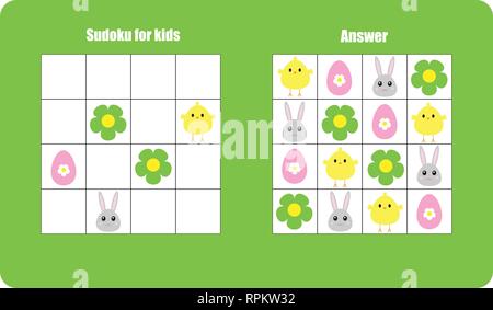 Jeu de Sudoku avec des images de pâques œuf, bunny, pour les enfants, niveau facile, de l'éducation game pour enfants d'âge préscolaire, de l'activité Feuille de tâche, pour le devel Illustration de Vecteur