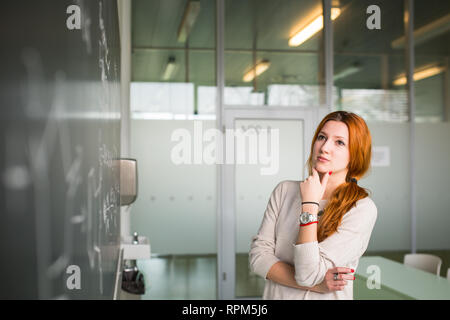 Jeune étudiant écrit sur le tableau/blackboard pendant un cours de mathématiques. Banque D'Images