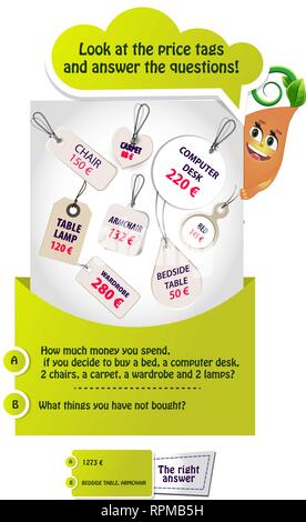 Jeu éducatif pour les enfants et les adultes le développement de la formation de la mémoire. Jeu de tâches regardez les étiquettes de prix et de répondre aux questions. Illustration de Vecteur