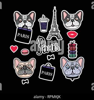 Bouledogue français. Tour Eiffel et mignon chien visages. Vector hand drawn autocollant. Illustration de Vecteur