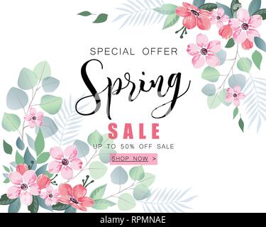 Vente de printemps avec bannière fleurs sakura et l'eucalyptus. Illustration de Vecteur
