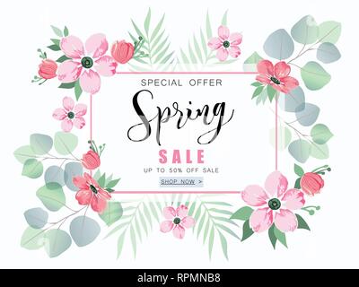 Vente de printemps avec bannière fleurs sakura et l'eucalyptus. Illustration de Vecteur