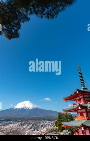 Le Mont Fuji vu de derrière la Pagode Chureito en fleurs fleurs de cerisier & ciel bleu fond naturel. Arakurayama,Parc Sengen Yamanashi, Japon Banque D'Images