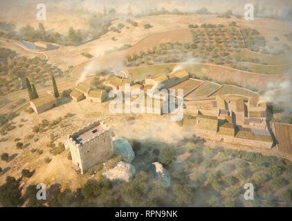 Exemple de la population rurale du XVI siècle. Reconstruction basée sur des preuves archéologiques d'un petit centre de population appartenant à Cervià de Les Garrigues dans son état d'expansion maximale avant son déclin et l'abandon à la fin du dix-septième siècle. La Catalogne, Espagne. Banque D'Images