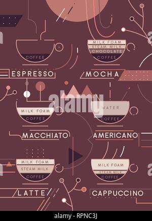 Types de café vector illustration. Types de café préparation infographie. Café menu. Illustration de Vecteur