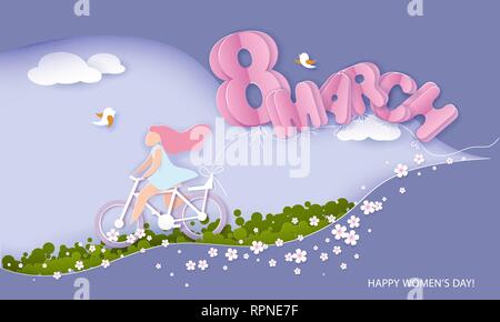 Heureux 8 mars journée de la femme carte. Woman riding bicycle avec des fleurs et des ballons en forme de grandes lettres sur fond bleu. Vector illustration papier Illustration de Vecteur