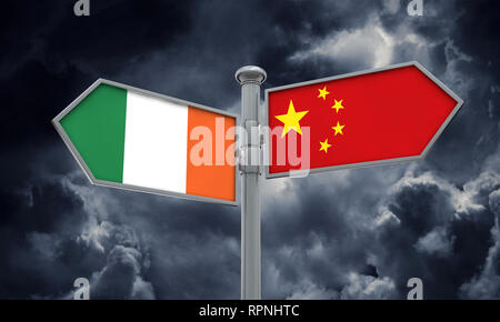 La Chine et l'Irlande signe drapeau déménagement dans une direction différente. Le Rendu 3D Banque D'Images