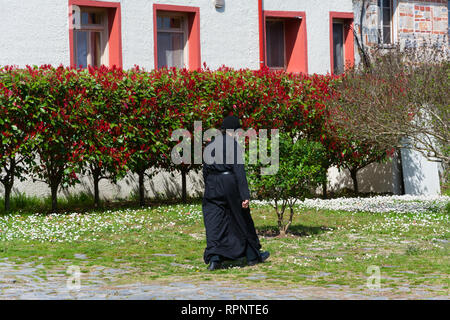 LITOCHORO, GRÈCE - 12 avril 2015 : un moine dans le monastère de saint Denys de l'Olympe, Litochoro, Grèce. Banque D'Images