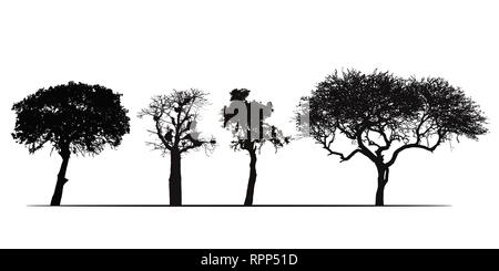 Jeu de silhouettes d'arbres africains, isolé sur fond blanc - vector Illustration de Vecteur