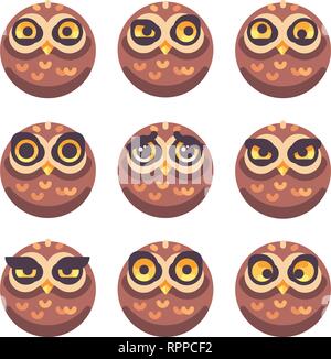 Set of funny owl visages avec des expressions différentes Illustration de Vecteur