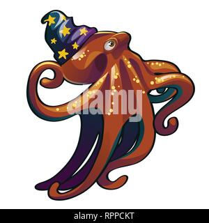 Brown pieuvre au chapeau de l'assistant. Habitants des mers et océans isolé sur fond blanc. Cartoon Vector illustration close-up. Illustration de Vecteur