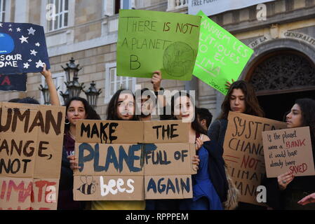 Barcelone, Barcelone, Espagne. Feb 22, 2019. Les gens ont vu la tenue des pancartes pendant la manifestation.Des dizaines de jeunes se sont rassemblés dans le centre de Barcelone pour protester contre l'inaction du gouvernement sur le changement climatique et la destruction de l'environnement. Crédit : John Milner SOPA/Images/ZUMA/Alamy Fil Live News Banque D'Images