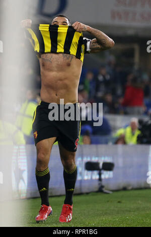 Cardiff, Wales, UK. 22 févr. 2019. Troy Deeney de Watford célèbre après qu'il marque son 5ème but d'équipes. Premier League match, Cardiff City v Watford au Cardiff City Stadium le vendredi 22 février 2019. Ce droit ne peut être utilisé qu'à des fins rédactionnelles. Usage éditorial uniquement, licence requise pour un usage commercial. Aucune utilisation de pari, de jeux ou d'un seul club/ligue/dvd publications. Photos par Andrew Andrew/Verger Verger la photographie de sport/Alamy live news Banque D'Images