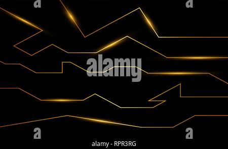 Résumé d'or sur la ligne d'énergie des électrons fond noir brossé. Veine d'alimentation light tech Illustration de Vecteur