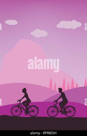Concept de vie actif quel beau couple Silhouette monter un vélo sur le terrain extérieur de couleur pastel modèle vectoriel Illustration de Vecteur