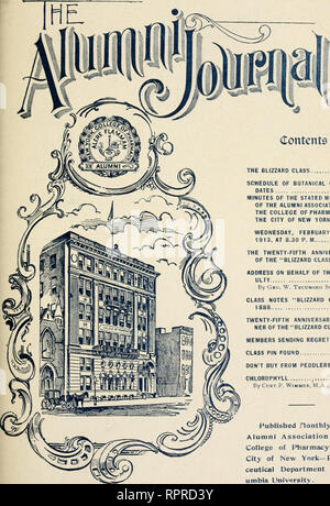 . Journal officiel de l'Association des anciens patients. L'Université de Columbia. Collège de pharmacie, pharmacologie. Monsieur mBm^mssm ?annonce ; ? '^,iv. !v^^j¥i&gt ;^:la société ywy. gyg*jmj VOL. XX. Mars, 1913 No 3.. Le Blizzard de la classe 29 SCHEDUi.E DE SORTIE BOTANIQUE DATES. 29 PROCÈS-VERBAL DE LA RÉUNION A DÉCLARÉ DE L'ASSOCIATION DES ANCIENS DU COLLÈGE DE PHARMACIE DE LA VILLE DE NEW YORK, QUI A EU LIEU Mercredi, le 19 février. 11913, à 20P, M..., 30 LE VINGT-CINQUIÈME ANNIVERSAIRE DE LA CLASSE "BLIZZARD" 31 S'ATTAQUER AU NOM DE L'AEC- ULTY 33 Par Général W. Tecumseh Sherman Notes de cours "classe" 1888 BLIZZARO 35 VINGT-CINQUIÈME ANNIVERSAIRE DIN- NER O Banque D'Images