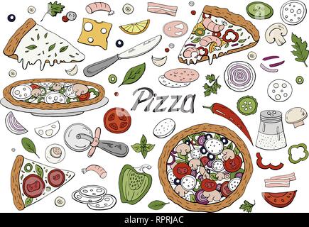 Jeu de pizza italien dessiné à la main et les légumes isolé sur blanc. Doodle vecteur éléments pizza Illustration de Vecteur