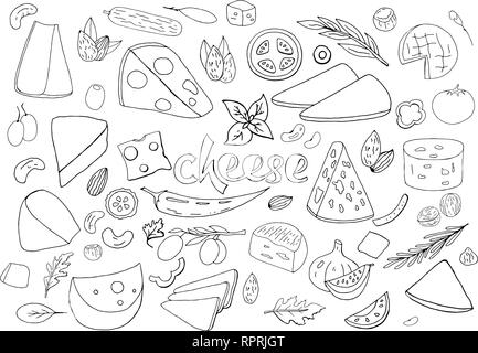 Ensemble de fromage contour dessiné à la main des éléments isolés sur fond blanc. Illustration de Vecteur