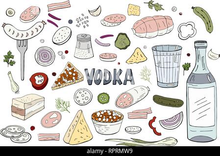 Ensemble de main appelée vodka russe et différents aliments isolé sur fond blanc. Vector vodka russe Illustration de Vecteur