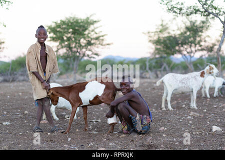 Les garçons Himba prendre soin de chèvres, Epupa, Namibie, Afrique Banque D'Images