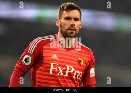 Watford gardien Ben Foster ressemble au cours de la Premier League match au Cardiff City Stadium. Banque D'Images