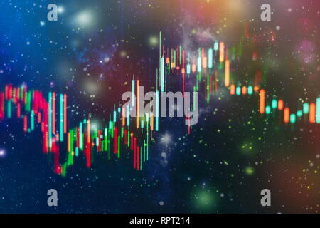 Prix technique graphique et l'indicateur, rouge et vert sur le thème graphique chandelier bleu écran, la volatilité du marché, la tendance vers le haut et vers le bas. Stock trading, crypto Banque D'Images