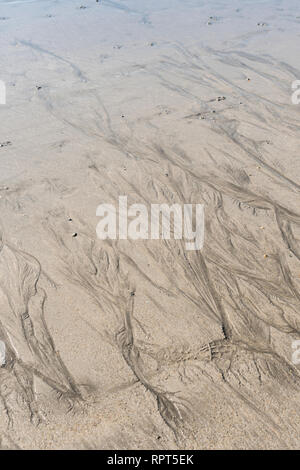 Écoulements de sable liquide sédimentaire/, l'eau de type Mars stries fluviales sur une plage marémotrice. Pour « aller avec le flux », mouvement, paysage comme Mars Banque D'Images