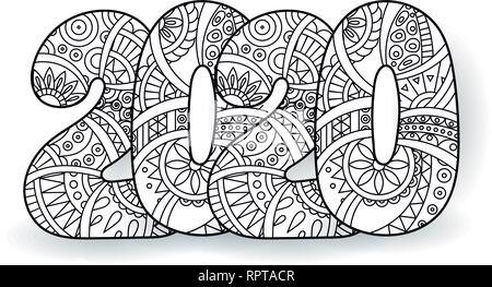 Bonne Année 2020 nombre de célébration. Vector illustration de Noël en zentangle. Noël arrière-plan. Illustration de Vecteur