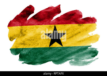 Ghana drapeau est représenté dans un style aquarelle liquide isolé sur fond blanc. Peinture imprudente avec ombrage image de drapeau national. Date de l'indépendance Banque D'Images