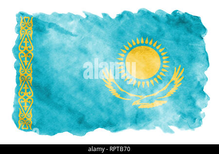 Kazakhstan drapeau est représenté dans un style aquarelle liquide isolé sur fond blanc. Peinture imprudente avec ombrage image de drapeau national. L'indépendance Banque D'Images