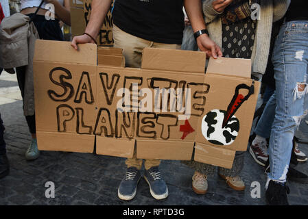 Un homme est vu holding a placard lecture 'Save la planète au cours de la protestation. Des dizaines de jeunes se sont rassemblés dans le centre de Barcelone pour protester contre l'inaction du gouvernement sur le changement climatique et la destruction de l'environnement. Banque D'Images
