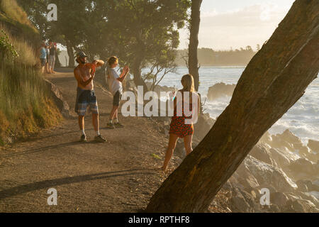 MOUNT MAUNGANUI Nouvelle-zélande - 10 février 2019 : piste de base marche populaire avec des gens qui marchent et la photographie prise dans enening rayons soleils et de pulvérisation Banque D'Images