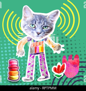 Zine cat sur un fond vert avec tulip et macarons colorés. Collage conceptuel contemporain illustration. Banque D'Images