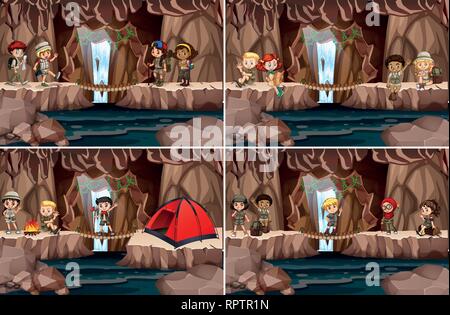 Groupe d'enfants camping à la grotte illustration Illustration de Vecteur