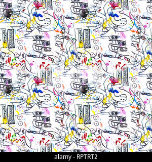 Doodle noir sur du papier blanc avec des éléments de rouge, bleu et jaune. Ornement transparente pour les textiles, papier d'emballage, papier peint. Banque D'Images