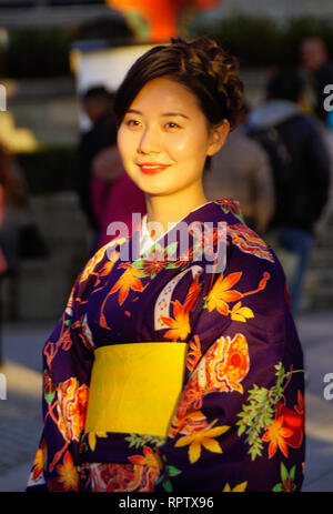 Jeune femme portant un kimono japonais visiter temple de Kyoto. Banque D'Images