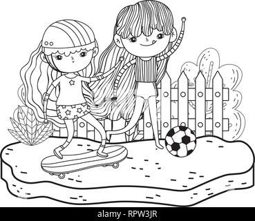 Cute little in skateboard et jouer au soccer Illustration de Vecteur