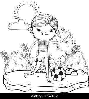 Cute little boy joue au soccer dans le paysage Illustration de Vecteur