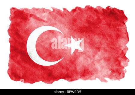 Drapeau de la Turquie est représenté dans un style aquarelle liquide isolé sur fond blanc. Peinture imprudente avec ombrage image de drapeau national. Date de l'indépendance Banque D'Images